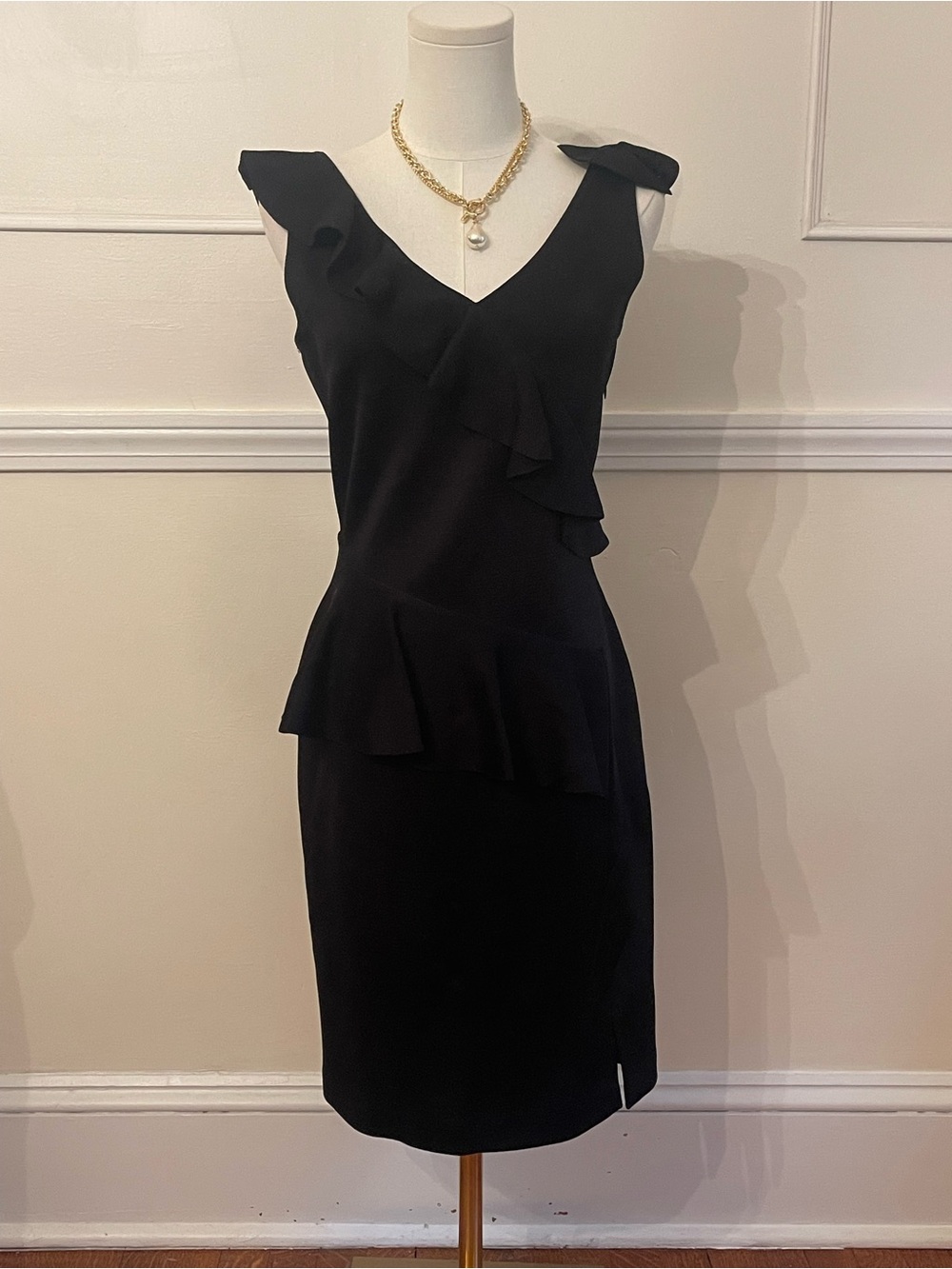 Luxury designer St. John Black Ruffle Sheath Midi Dress